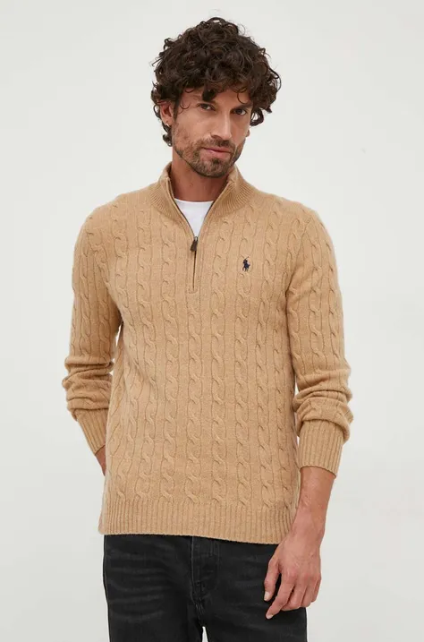 Vlnený sveter Polo Ralph Lauren pánsky, hnedá farba, s polorolákom