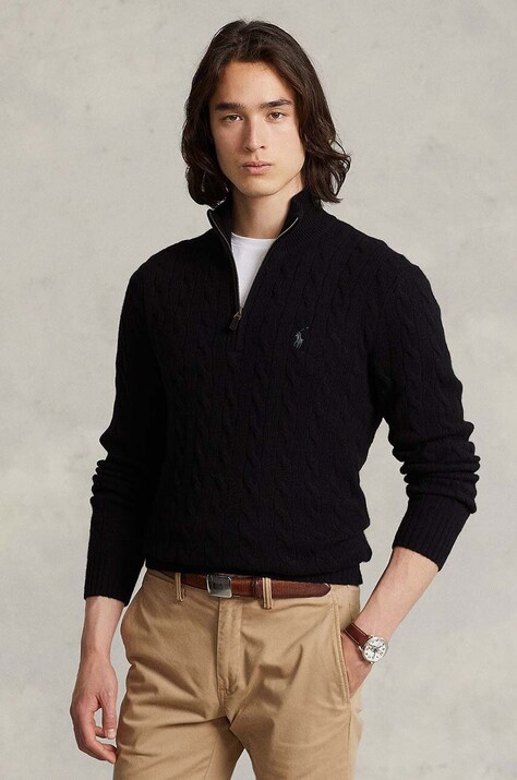 Vlněný svetr Polo Ralph Lauren pánský, černá barva, s pologolfem