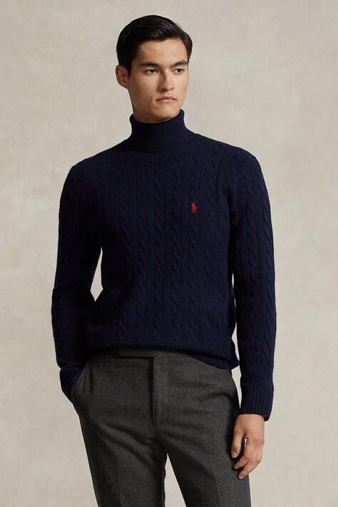 Polo Ralph Lauren sweter wełniany męskie kolor granatowy lekkie z golferm 710876836