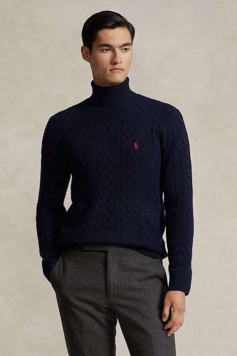 Вълнен пуловер Polo Ralph Lauren мъжки в тъмносиньо от лека материя с поло 710876836