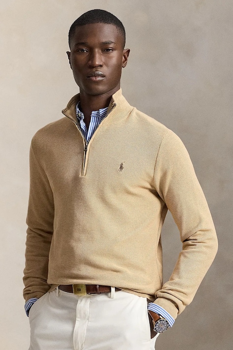 Bavlněný svetr Polo Ralph Lauren hnědá barva, lehký, s pologolfem, 710932304