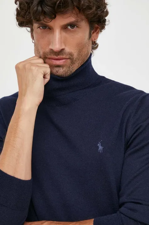 Шерстяной свитер Polo Ralph Lauren мужской цвет синий лёгкий с гольфом