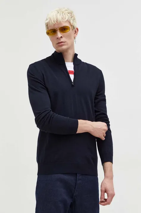 Vlnený sveter HUGO pánsky, tmavomodrá farba, tenký, s polorolákom
