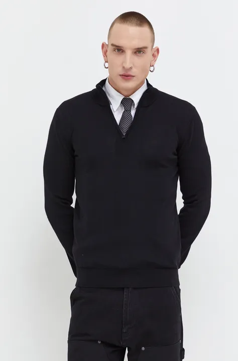 Vlnený sveter HUGO pánsky, čierna farba, tenký, s polorolákom