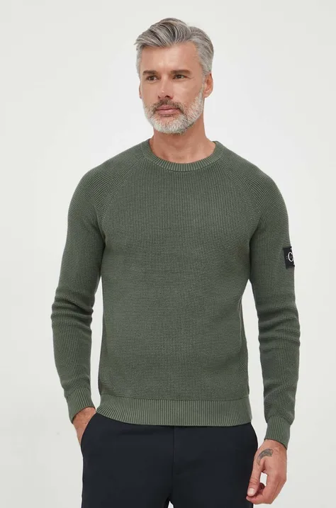 Памучен пуловер Calvin Klein Jeans в зелено от лека материя J30J323989
