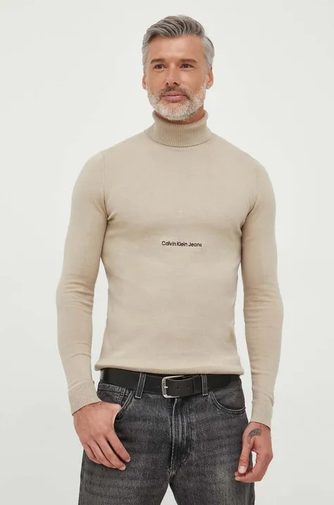 Calvin Klein Jeans sweter bawełniany kolor beżowy lekki z golferm