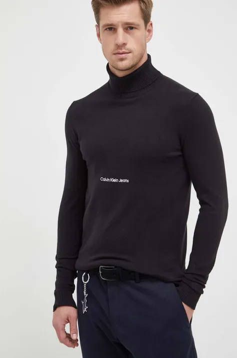 Calvin Klein Jeans pamut pulóver könnyű, fekete, garbónyakú