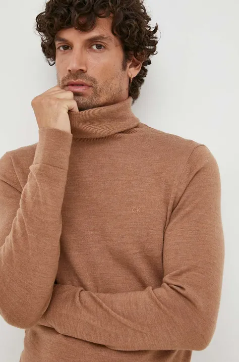 Vuneni pulover Calvin Klein za muškarce, boja: smeđa, lagani, s dolčevitom