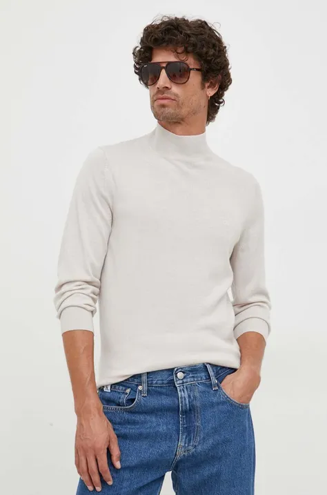 Vlnený sveter Calvin Klein pánsky, šedá farba, tenký, s polorolákom