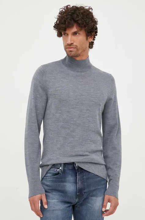 Vlnený sveter Calvin Klein pánsky, šedá farba, tenký, s polorolákom