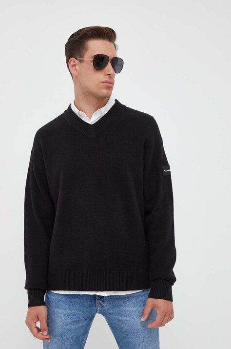Calvin Klein pulover din amestec de lana barbati, culoarea negru