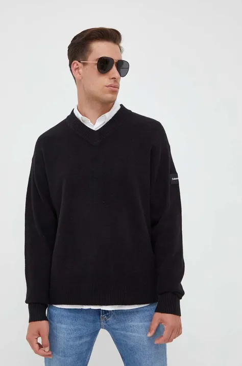 Sveter s prímesou vlny Calvin Klein pánsky, čierna farba