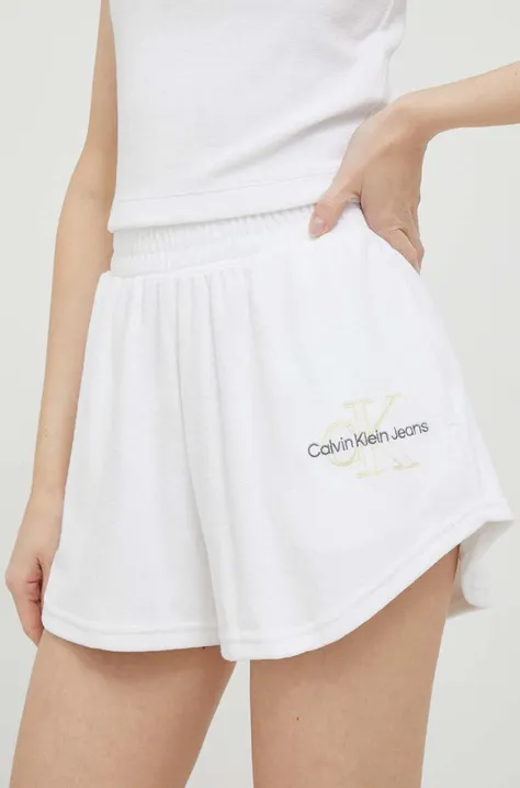 Šortky Calvin Klein Jeans dámske,biela farba,s potlačou,vysoký pás,J20J221304