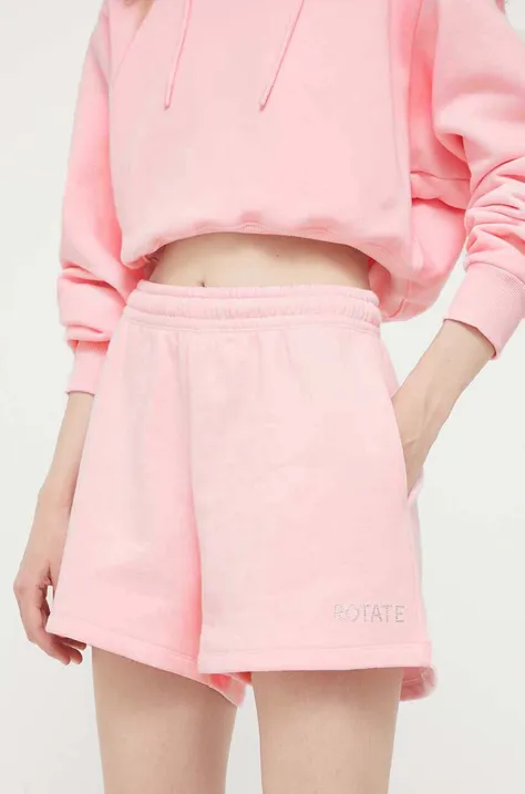 Памучен къс панталон Rotate в розово с апликация с висока талия