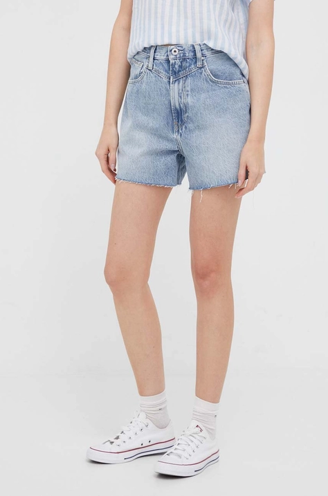 Pepe Jeans szorty jeansowe RACHEL damskie kolor niebieski gładkie high waist