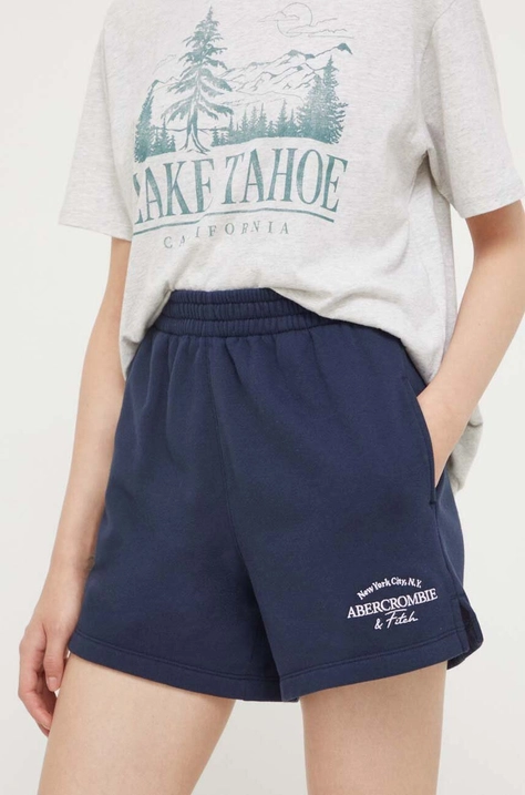 Abercrombie & Fitch szorty damskie kolor granatowy z aplikacją high waist