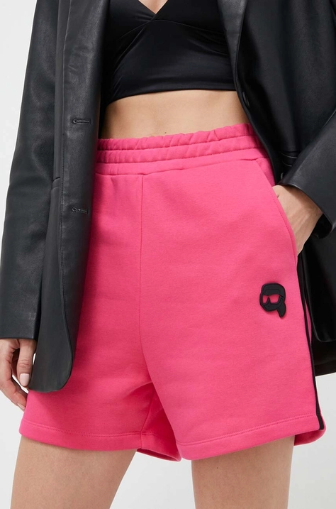 Karl Lagerfeld pantaloni scurti femei, culoarea roz, cu imprimeu, high waist