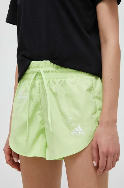 Šortky adidas dámske, zelená farba, s nášivkou, stredne vysoký pás