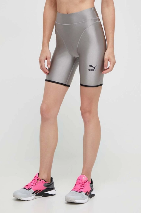 Puma szorty treningowe DARE TO kolor szary z nadrukiem high waist