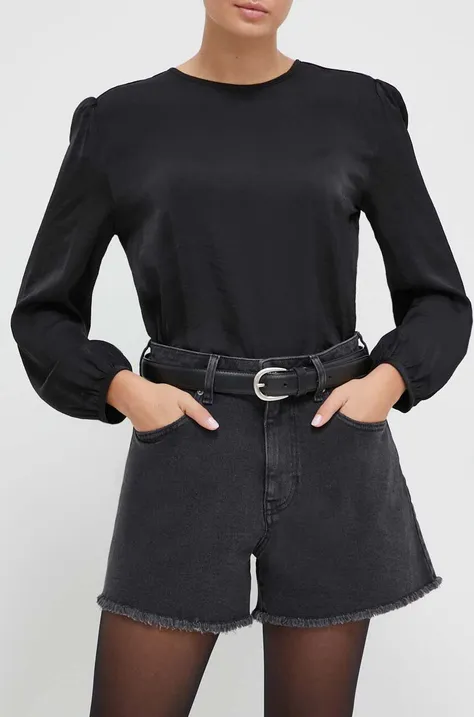 Дънков къс панталон Sisley в черно с изчистен дизайн с висока талия