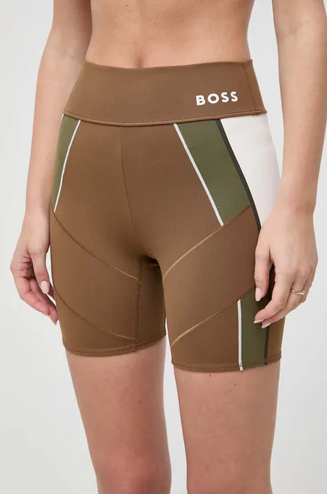 Kratke hlače BOSS x Alica Schmidt za žene, boja: smeđa, s uzorkom, visoki struk