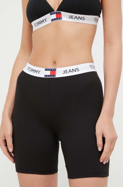 Tommy Jeans rövidnadrág női, fekete, sima, magas derekú