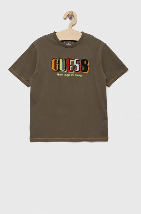 Detské bavlnené tričko Guess zelená farba, s nášivkou