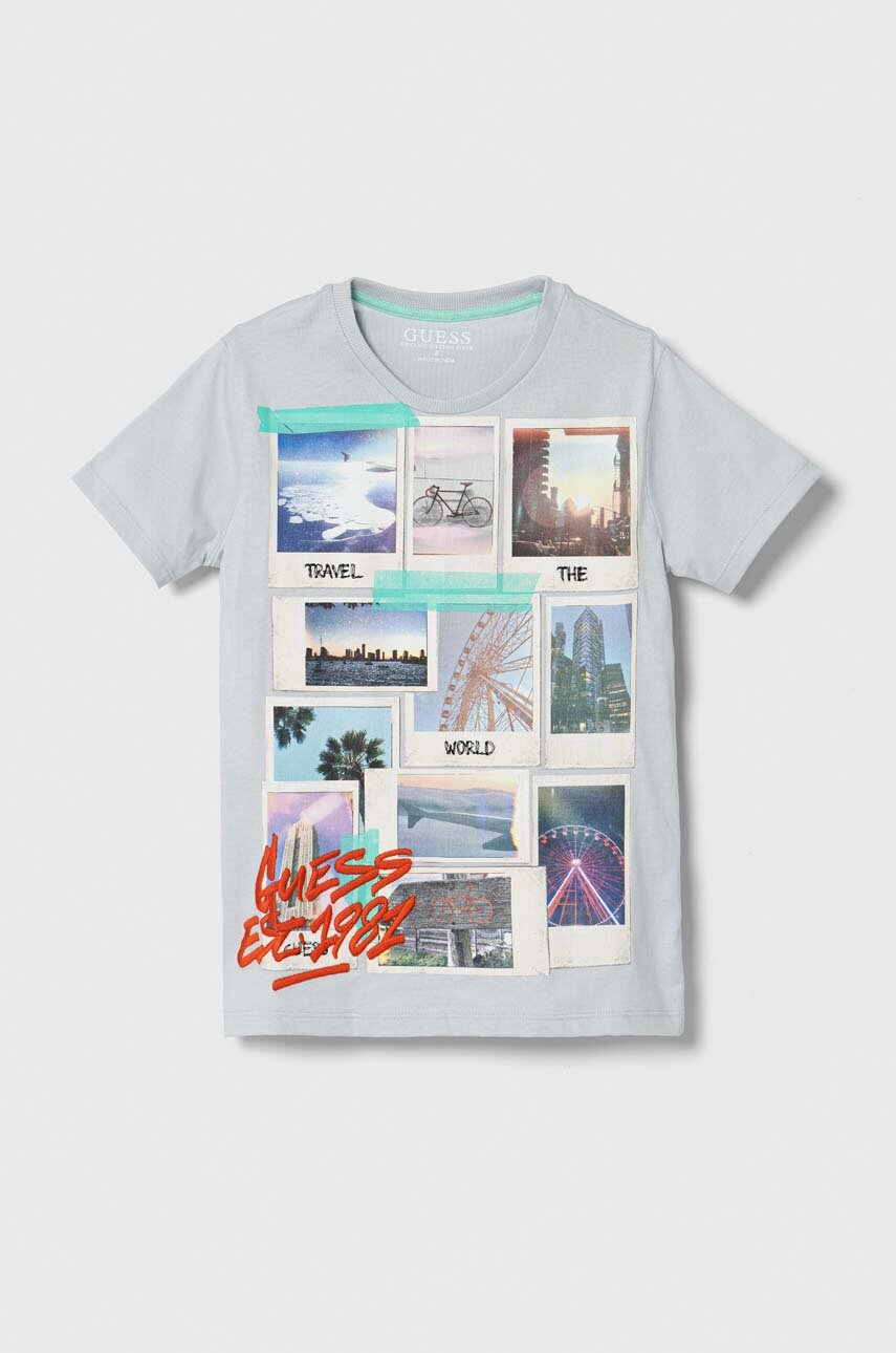 Guess t-shirt bawełniany dziecięcy kolor szary z nadrukiem
