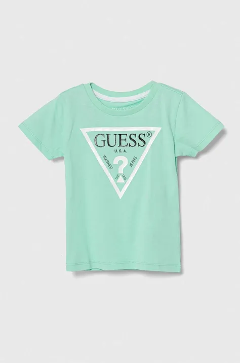 Guess t-shirt bawełniany dziecięcy kolor turkusowy z nadrukiem