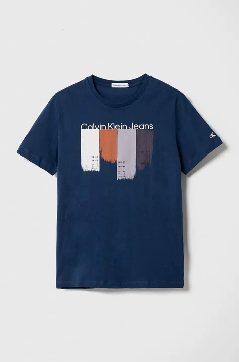 Detské bavlnené tričko Calvin Klein Jeans tmavomodrá farba, s potlačou