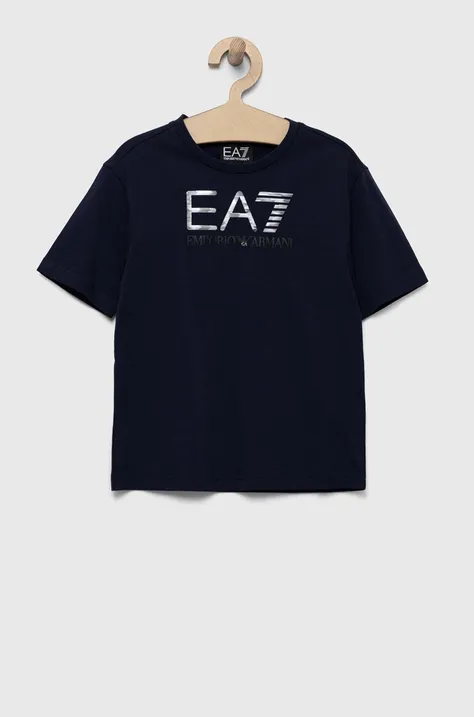 Детская хлопковая футболка EA7 Emporio Armani цвет синий с принтом