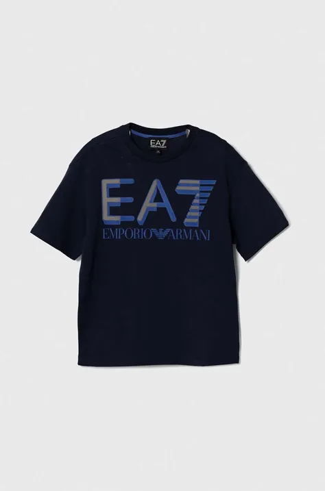 Детска памучна тениска EA7 Emporio Armani в тъмносиньо с принт