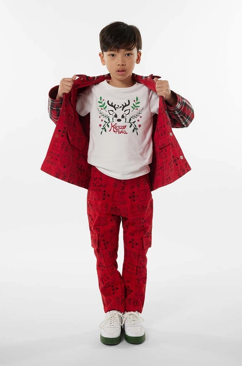 Детска памучна тениска Kenzo Kids в бежово с принт