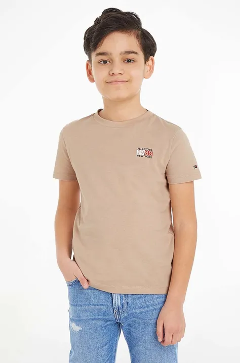 Detské bavlnené tričko Tommy Hilfiger hnedá farba, s potlačou