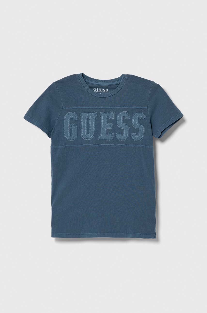 Guess t-shirt bawełniany dziecięcy kolor niebieski z aplikacją