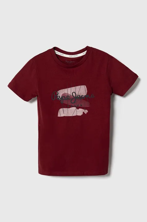 Детская хлопковая футболка Pepe Jeans цвет бордовый с принтом