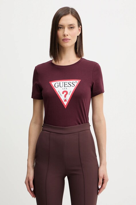 Guess t-shirt bawełniany damski kolor bordowy W1YI1B I3Z14