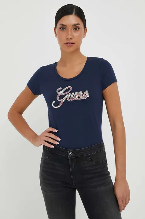Kratka majica Guess ženski, mornarsko modra barva