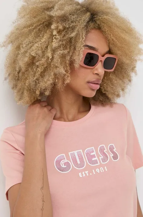 Памучна тениска Guess в розово