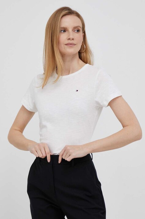 Tommy Hilfiger tricou din bumbac femei, culoarea bej WW0WW37857