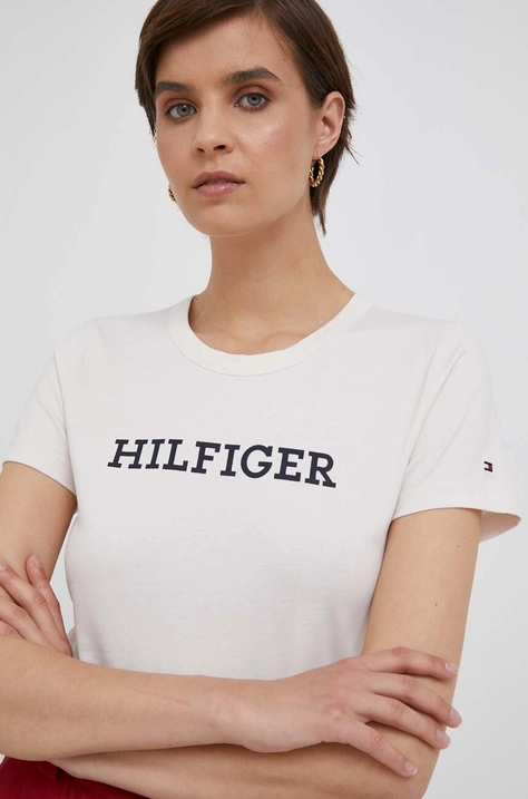 Bavlnené tričko Tommy Hilfiger béžová farba