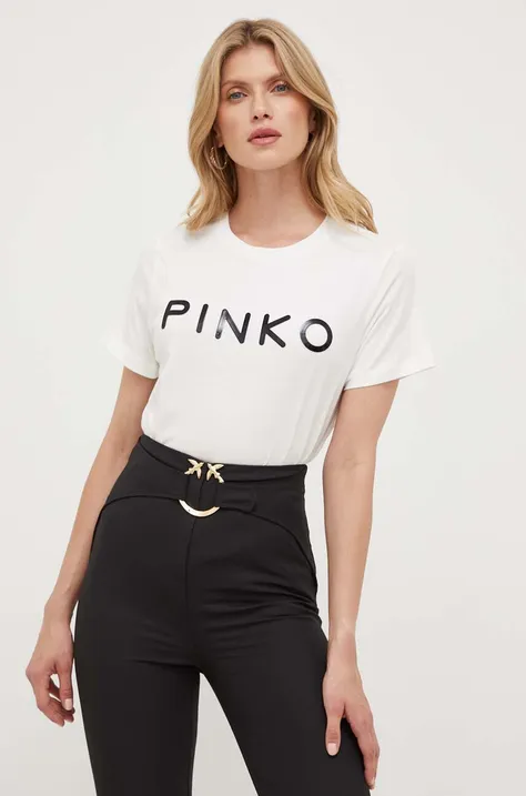 Bombažna kratka majica Pinko bež barva