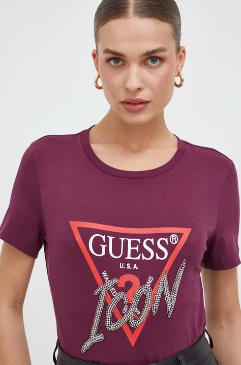 Хлопковая футболка Guess женский цвет фиолетовый