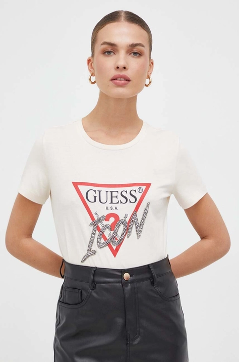 Бавовняна футболка Guess жіночий колір бежевий