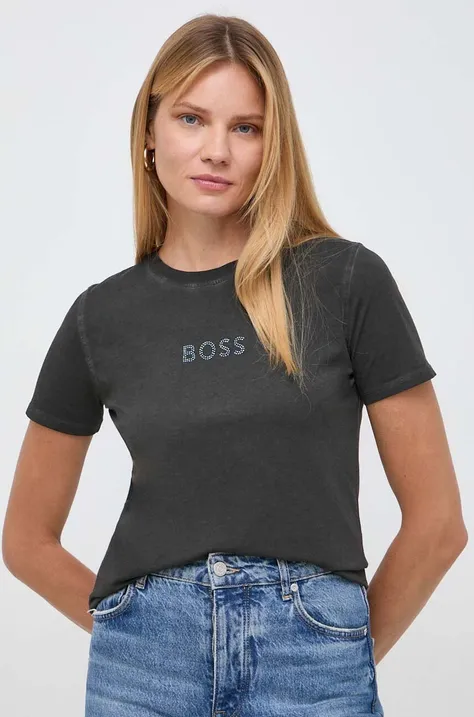Bombažna kratka majica Boss Orange ženska, siva barva