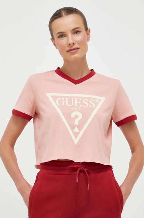 Βαμβακερό μπλουζάκι Guess χρώμα: ροζ