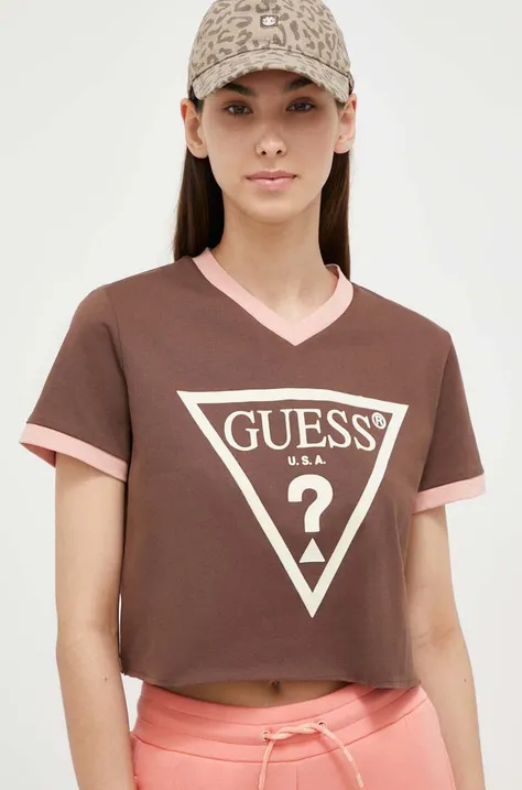 Βαμβακερό μπλουζάκι Guess χρώμα: καφέ