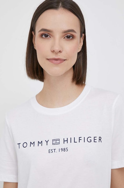 Bombažna kratka majica Tommy Hilfiger ženski, bela barva