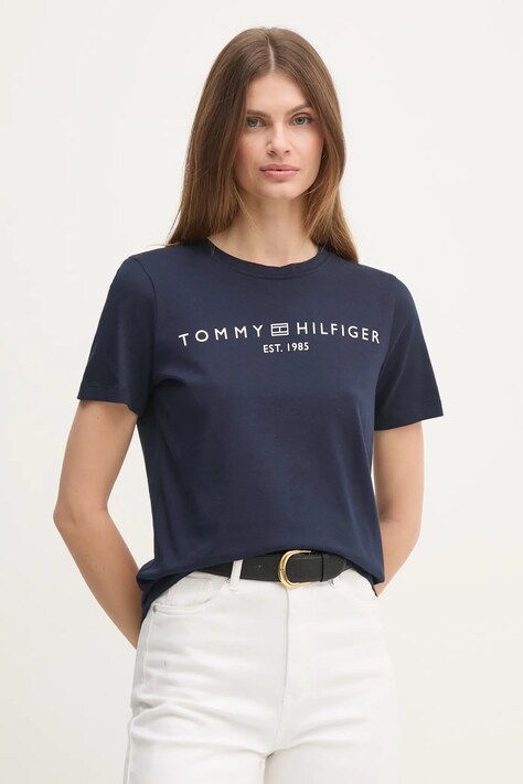 Tommy Hilfiger tricou din bumbac femei, culoarea albastru marin, WW0WW40276