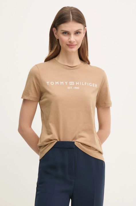 Βαμβακερό μπλουζάκι Tommy Hilfiger γυναικείο, χρώμα: καφέ, WW0WW40276